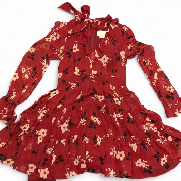Kate Spade Red Floral Tiered silk Dress Bow Neck Romantic Size 2 - Picture 6 of 8